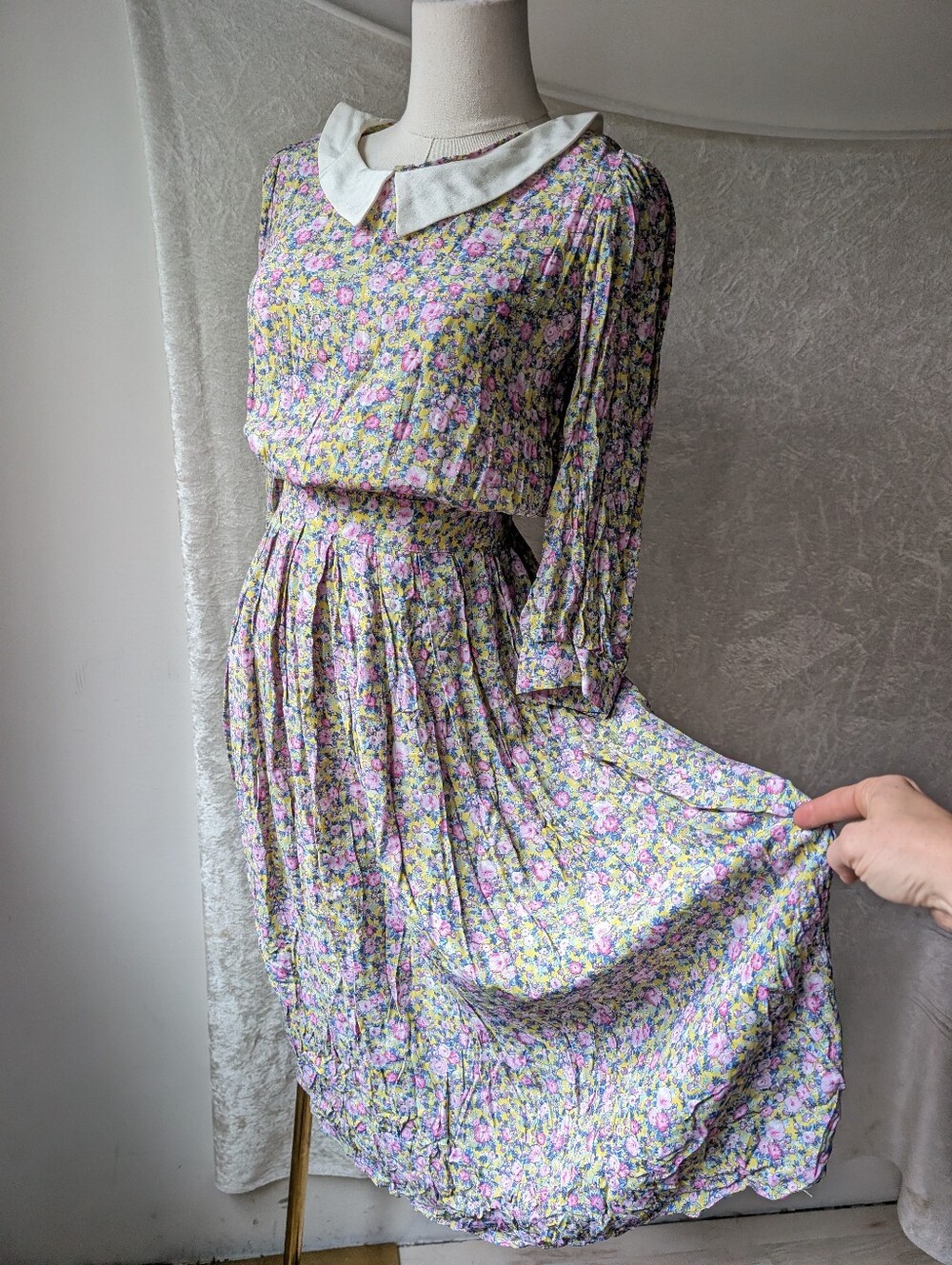VTG Yellow Pink Rayon Floral High Neck Midi 3/4 Sleeve Dress